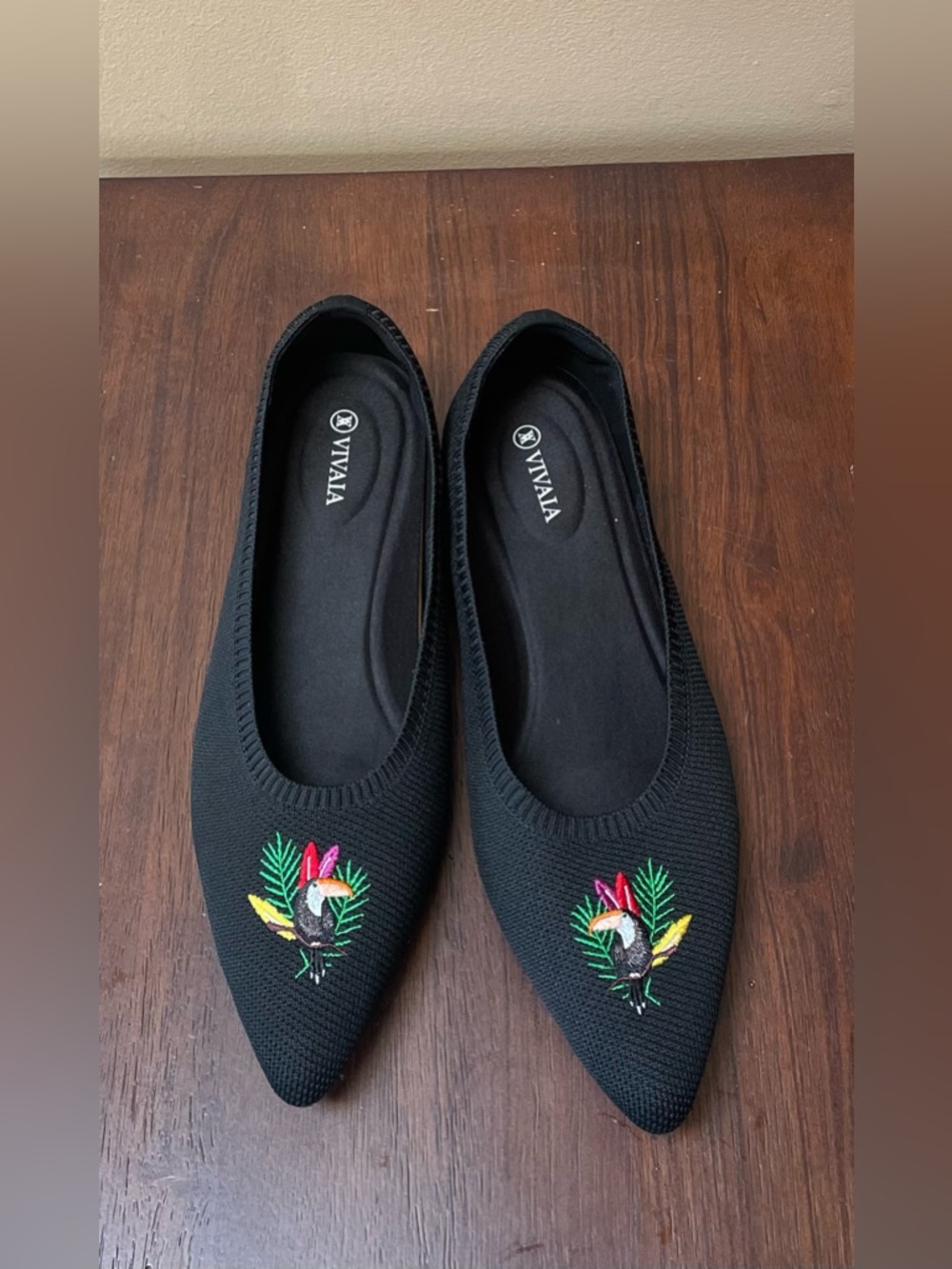 Vivaia Aria Pointed-Toe Ballet Flats, Toucan Embroidered Design, Black, EU 42